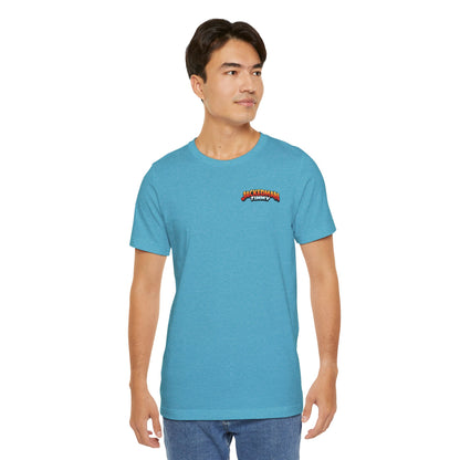 Man wearing a blue t-shirt with a 'Jackedman Timmy' logo on a white background