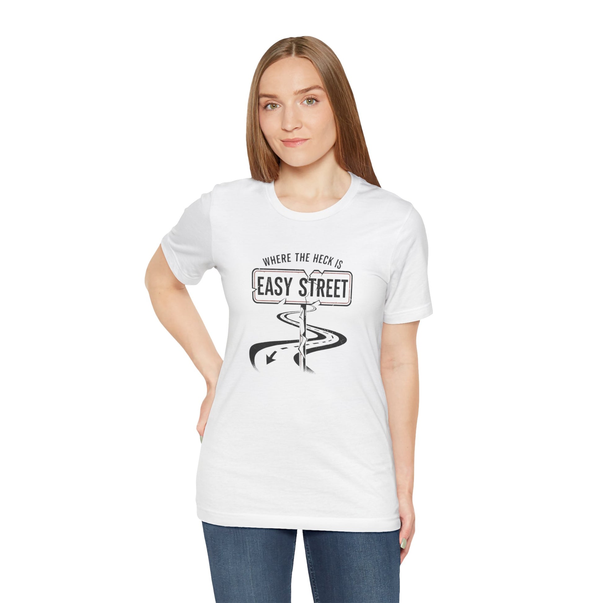 Woman wearing a white t-shirt with a graphic design and text 'Where the heck is Easy Street' on a white background