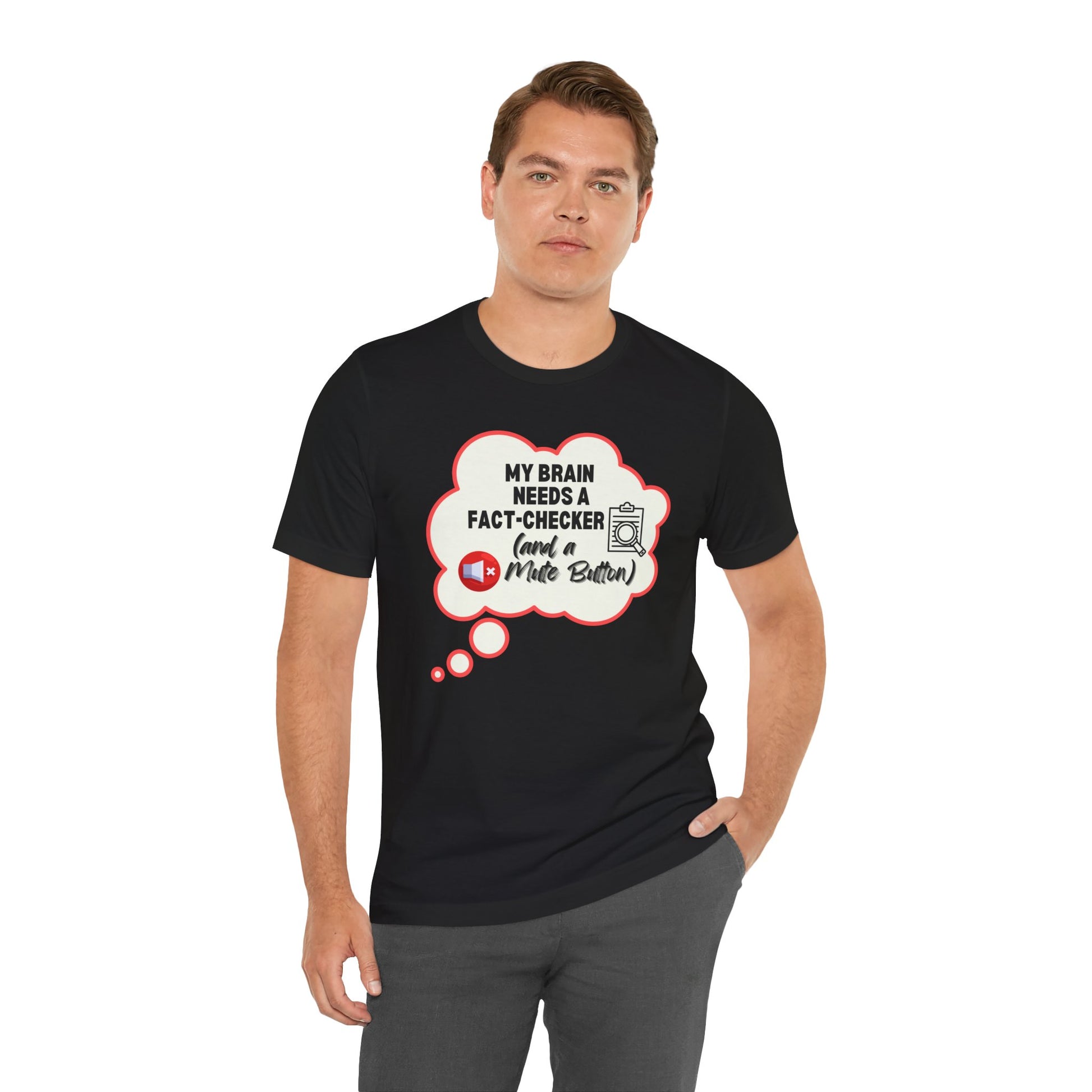 Man wearing a black t-shirt with a humorous design on a white background
