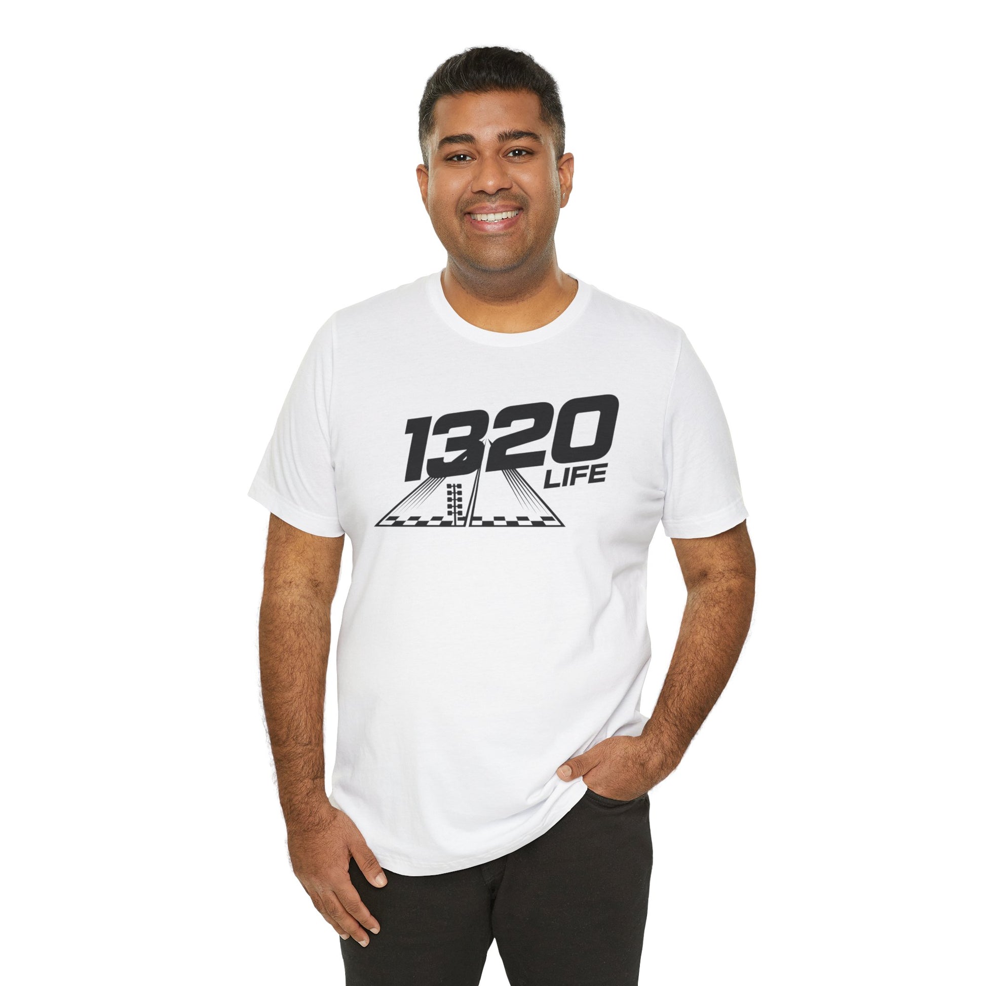 Man wearing a white t-shirt with '1320 LIFE' design on a white background