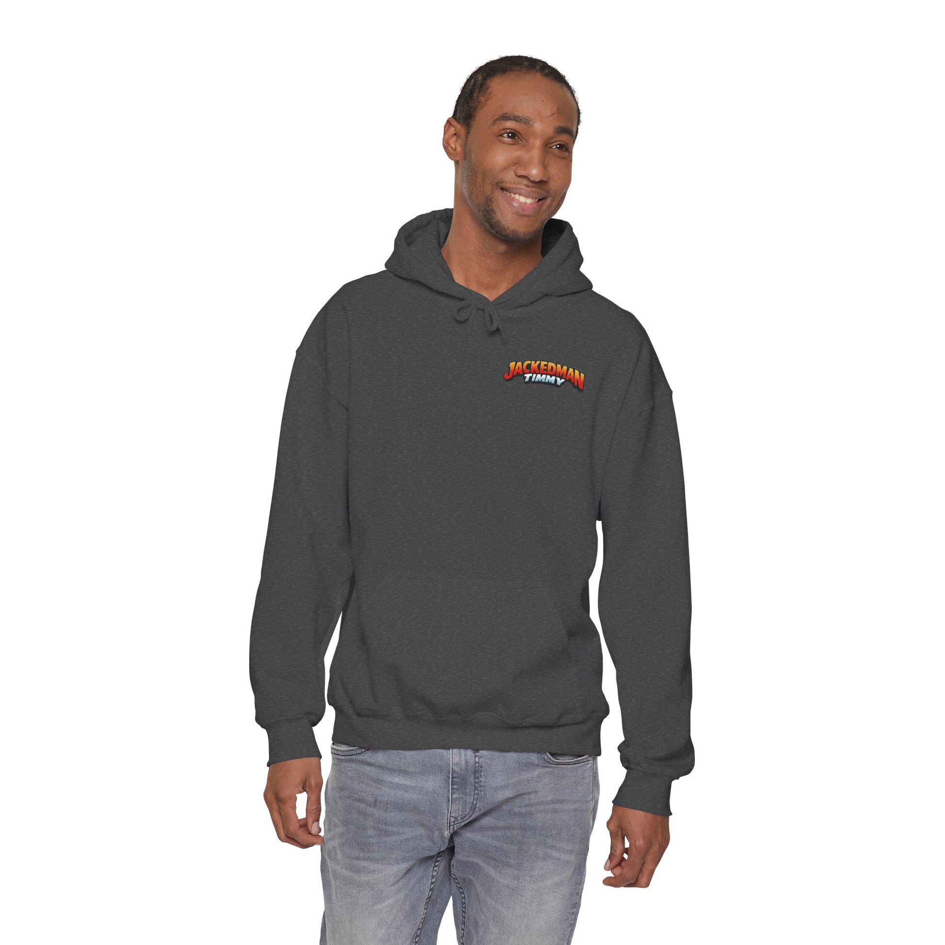 Man wearing a dark gray hoodie with a 'Jackedman Timmy' logo on a white background