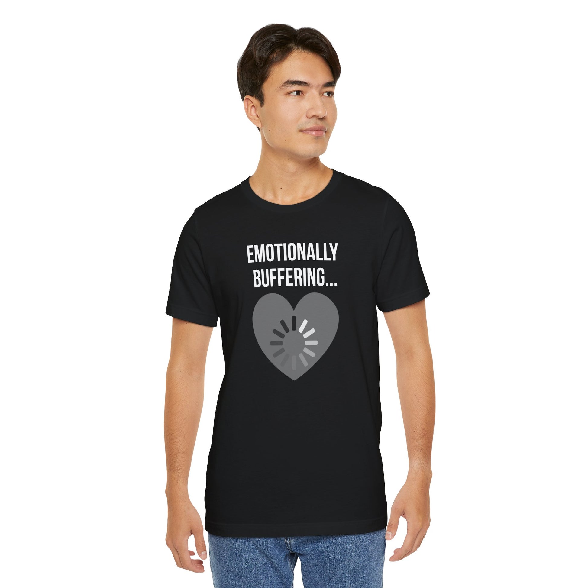 Man wearing a black t-shirt with 'Emotionally Buffering...' graphic on a white background