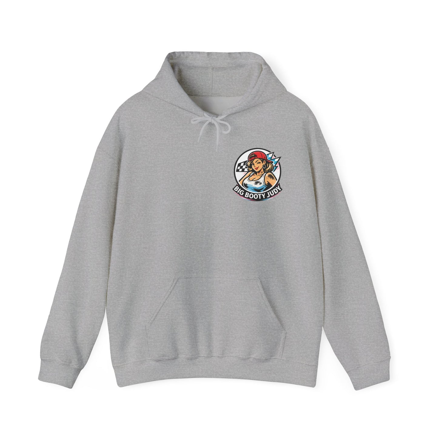 Gray hoodie with a 'Big Booty Judy' logo graphic design on the chest against a white background