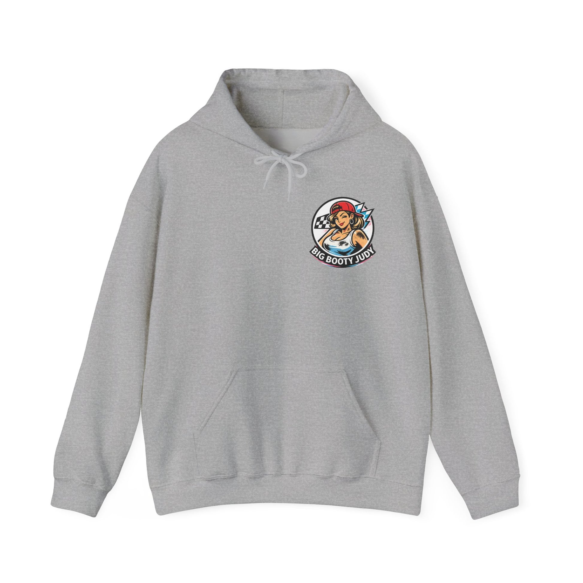 Gray hoodie with a 'Big Booty Judy' logo graphic design on the chest against a white background