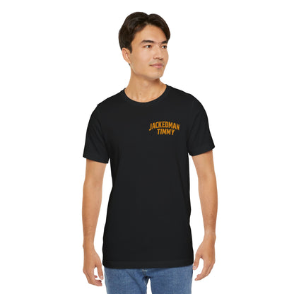 Man wearing a black t-shirt with 'JACKEDMAN TIMMY' text on a white background