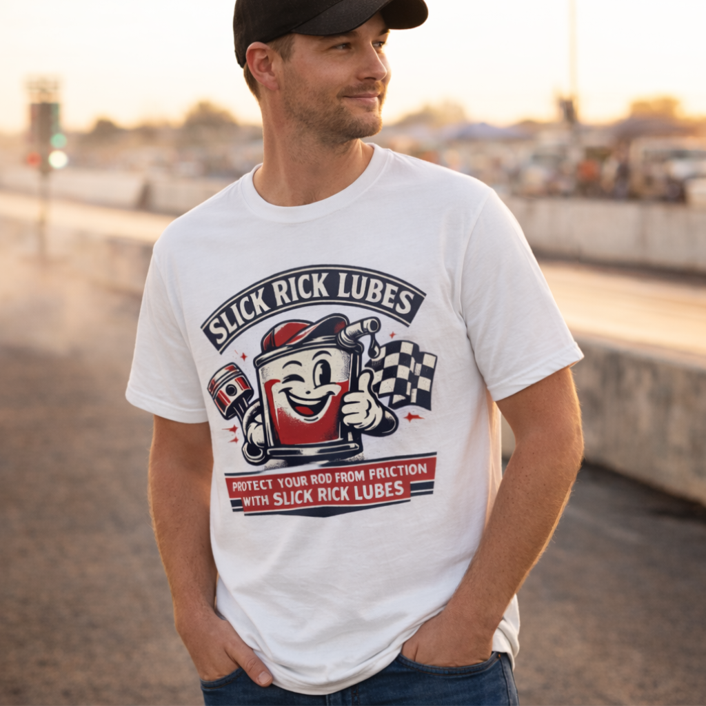 Man wearing a white t-shirt with 'Slick Rick Lubes' graphic design outdoors.
