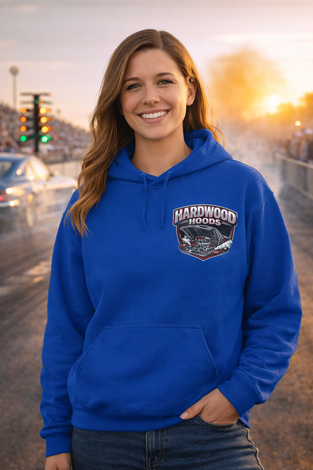 Woman wearing a blue hoodie with 'Hardwood Hoods' logo at a race track.