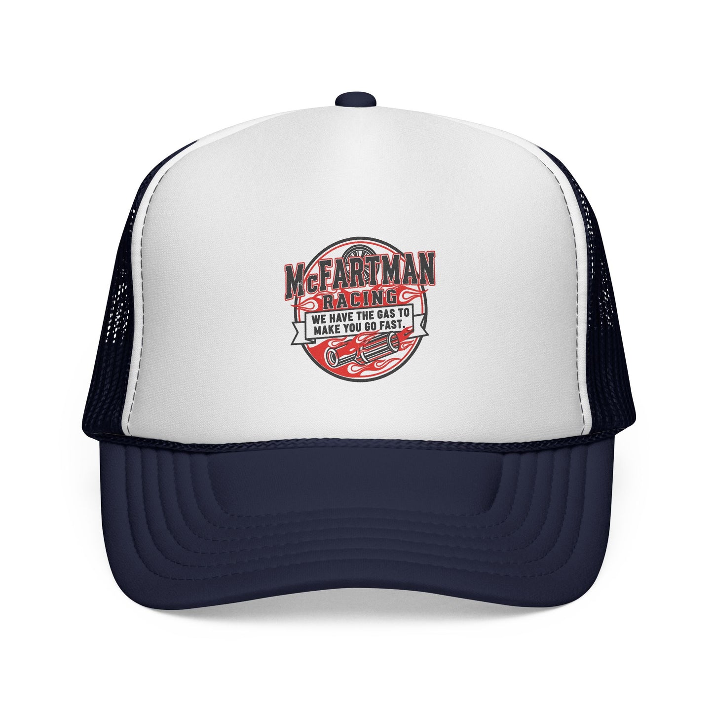 White and navy trucker hat with red and black graphic design McFARTMAN Racing We have the gas to make you go fast on a white background