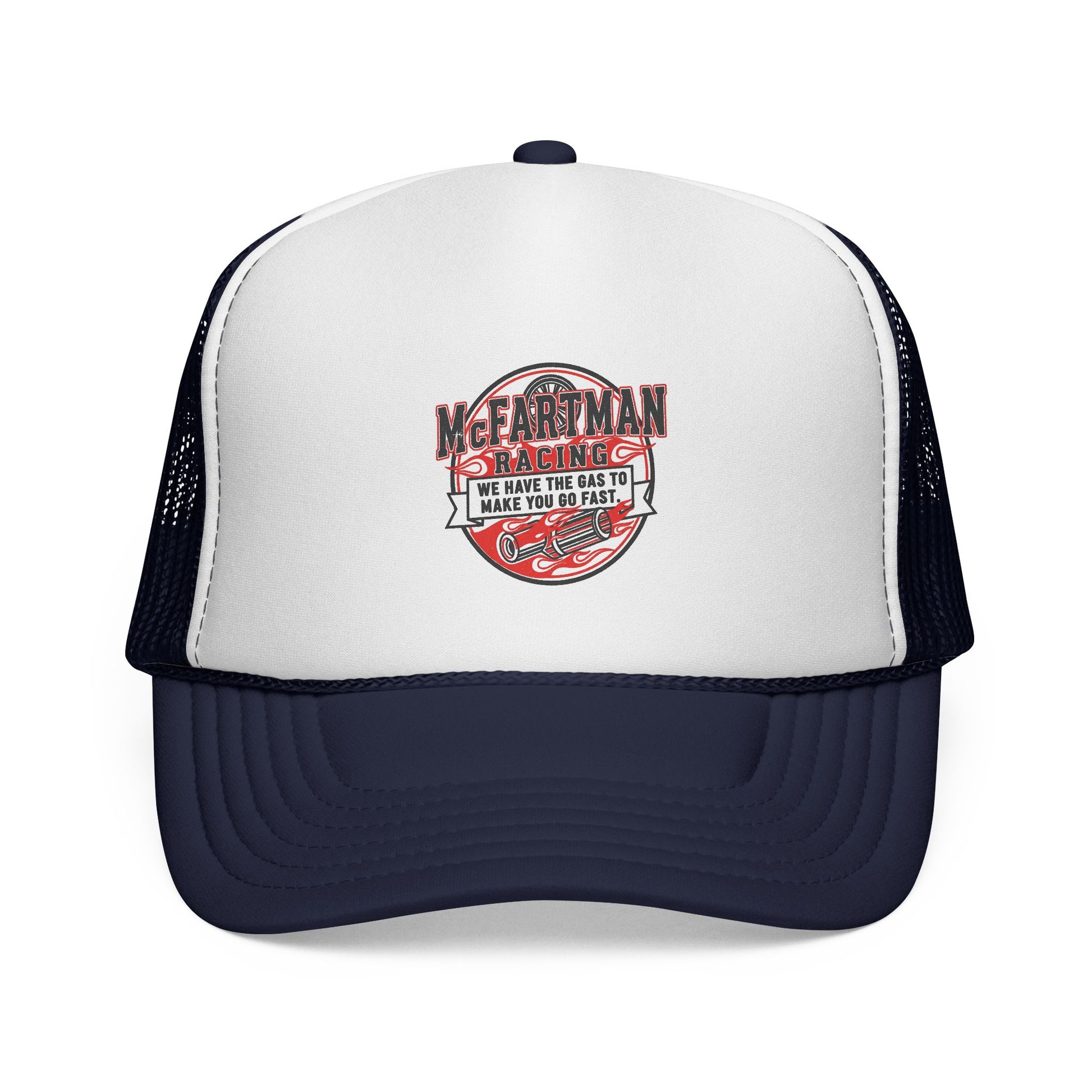 White and navy trucker hat with red and black graphic design McFARTMAN Racing We have the gas to make you go fast on a white background