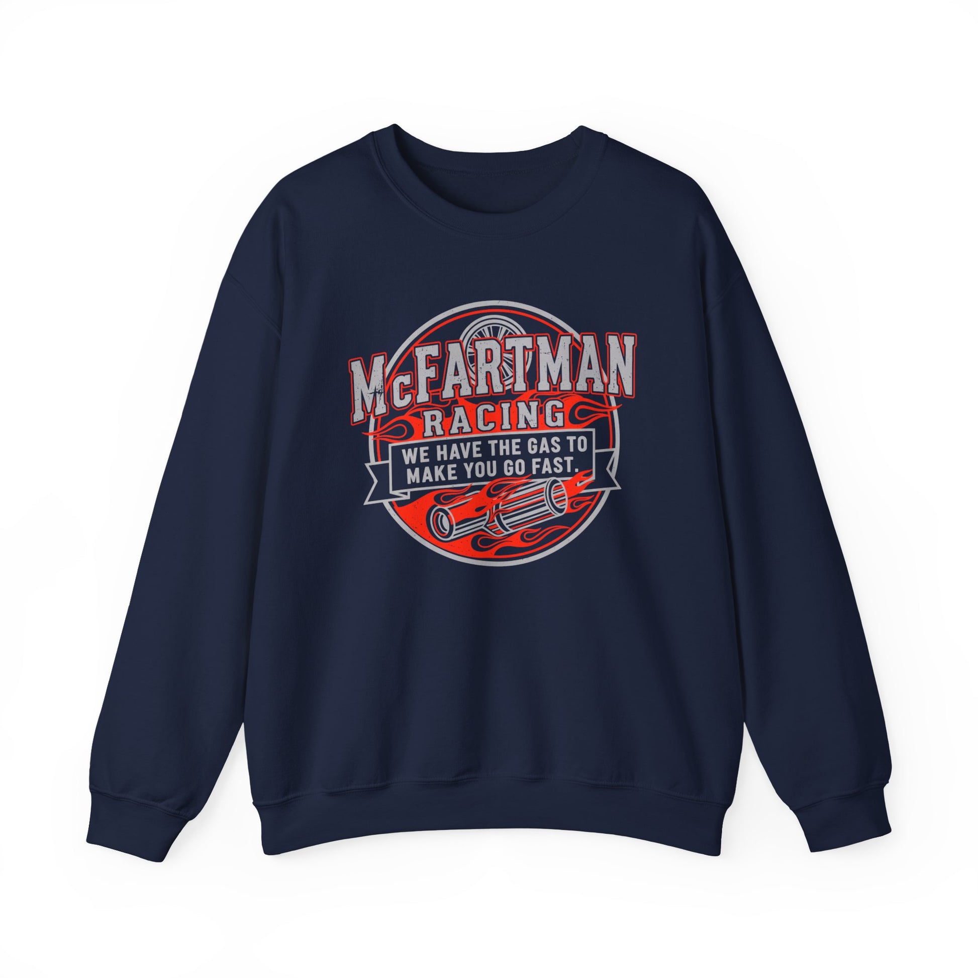Navy blue sweatshirt with 'McFartman Racing' graphic on a white background
