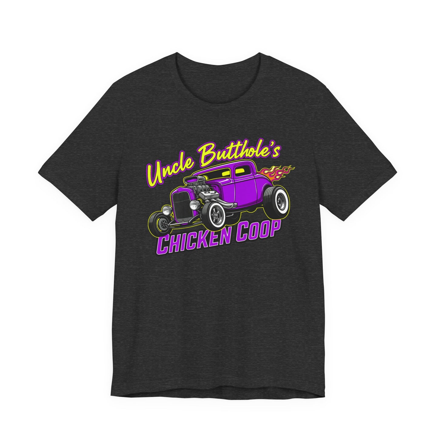 Dark grey Bella+Canvas 3001 t-shirt with purple hot rod graphic and text 'Uncle Butthole's Chicken Coop' on a white background