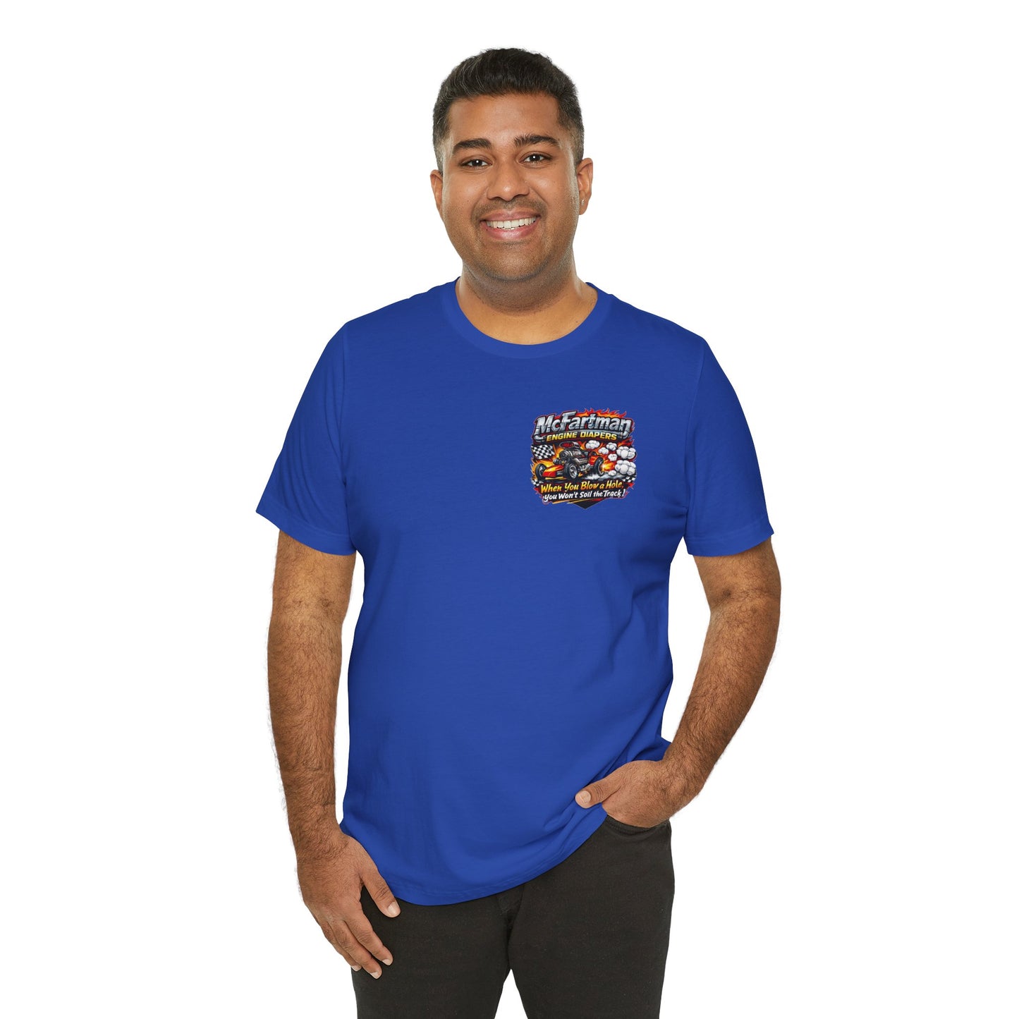 Man wearing a blue t-shirt with a 'McFartman Engine Diapers' logo on a white background