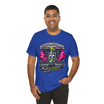 Man wearing a blue t-shirt with a graphic design and 'Sick Puke Tanks When you are running hard spewing your juices you need a Sick Puke Tank' text
