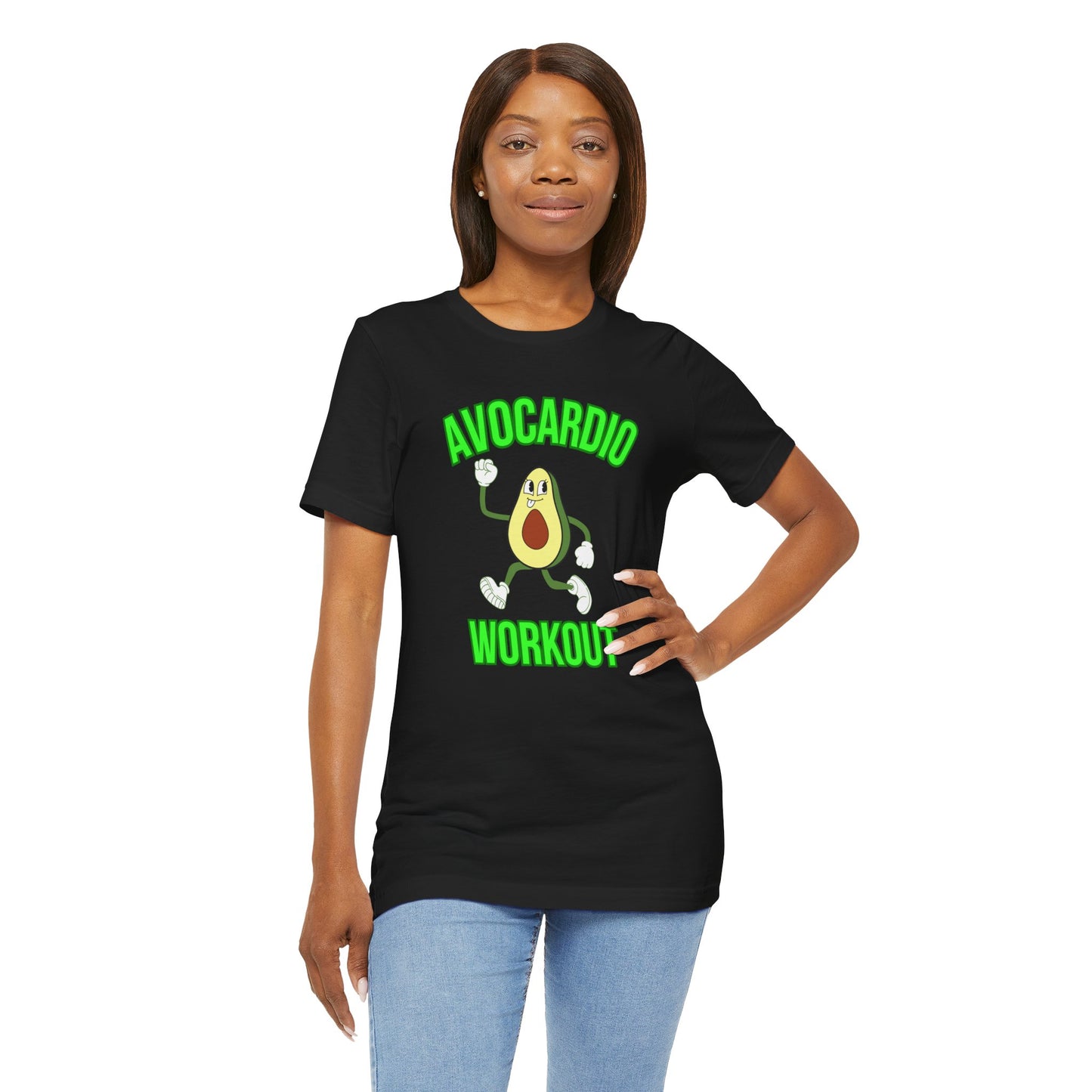 Person wearing a black t-shirt with an avocado graphic and text 'Avocardio workout' on a white background