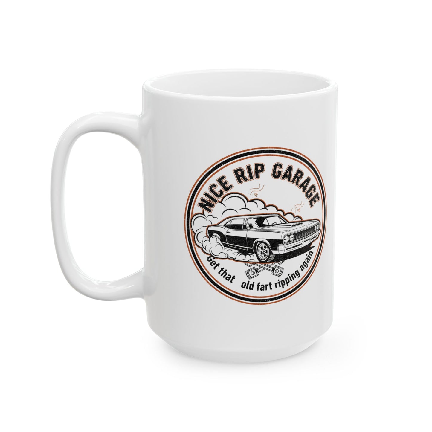 White mug with a graphic design featuring a car and text 'Nice Rip Garage Get that old fart ripping again' on a white background