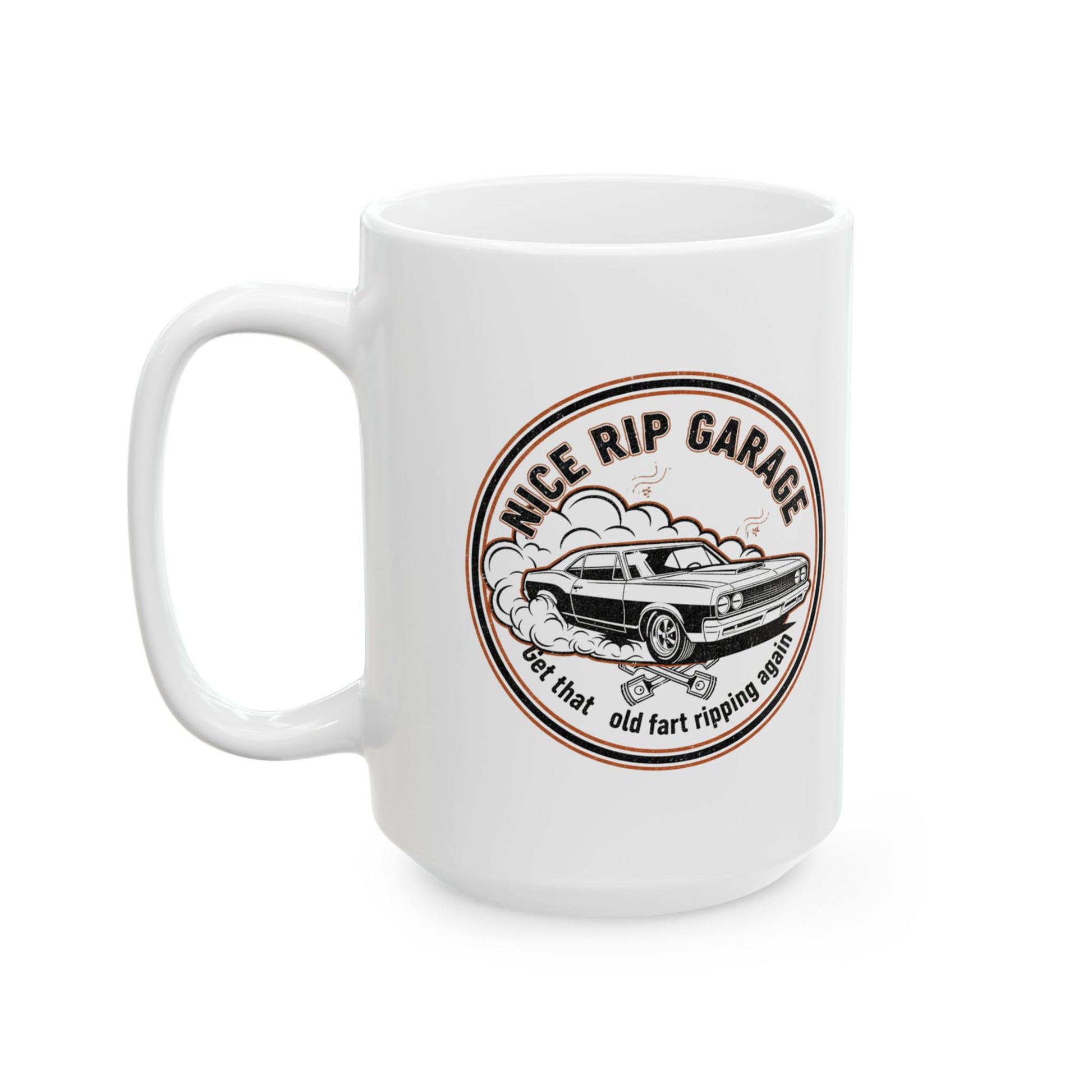 White mug with a graphic design featuring a car and text 'Nice Rip Garage Get that old fart ripping again' on a white background