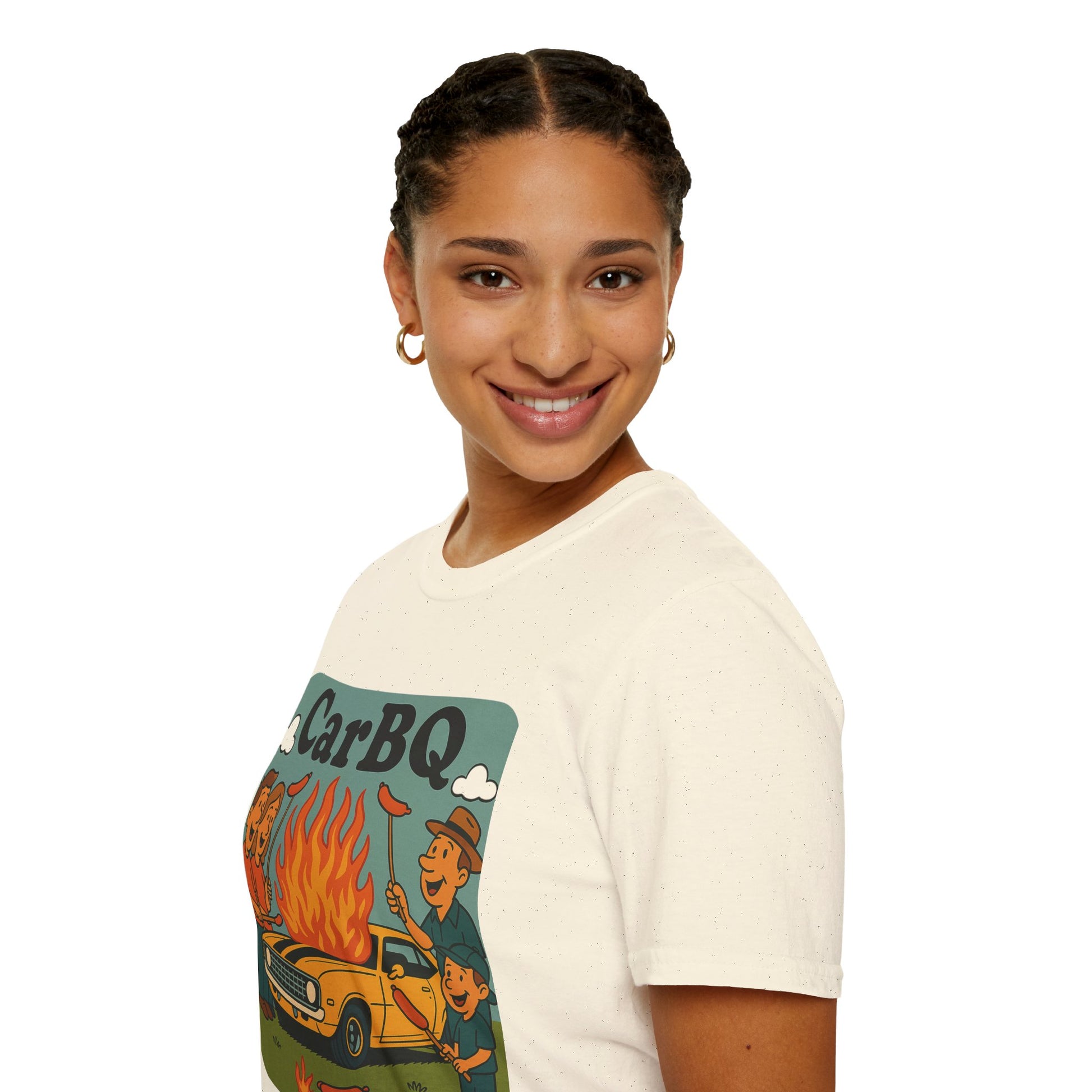 Person wearing a t-shirt with a graphic design and text 'CarBQ' on a white background