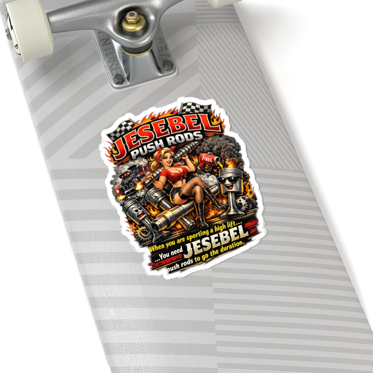 Sticker on a skateboard deck with 'Jesabel Push Rods' design