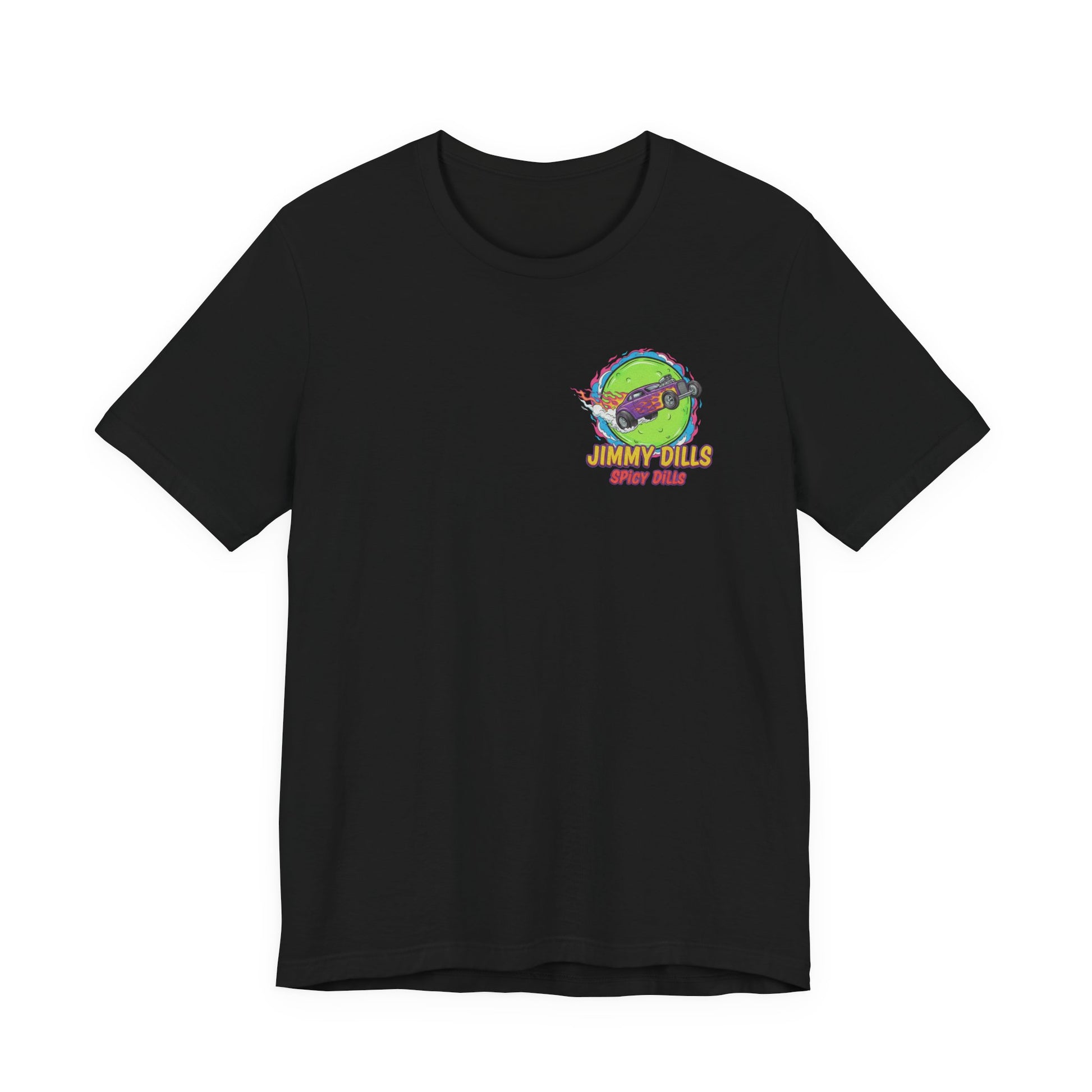 Black t-shirt with colorful graphic and 'Jimmy Dills Spicy Dills' text on a white background