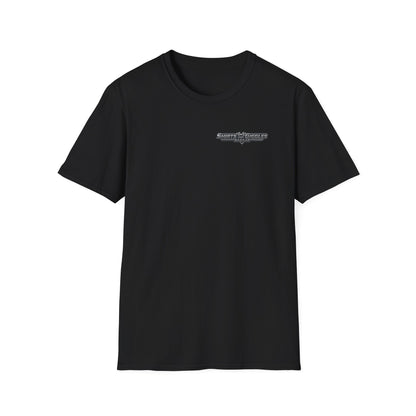 Black t-shirt with a 'Shirts and Giggles Bazaar' logo on the chest against a white background