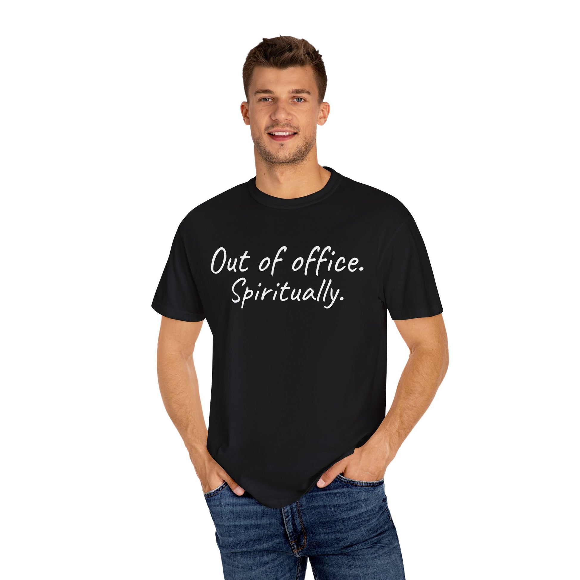 Man wearing a black t-shirt with 'Out of office. Spiritually.' text on a white background