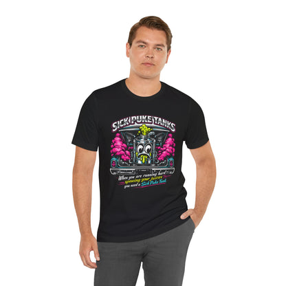 Man wearing a black t-shirt with a graphic design and 'Sick Puke Tanks When you are running hard spewing your juices you need a Sick Puke Tank' text