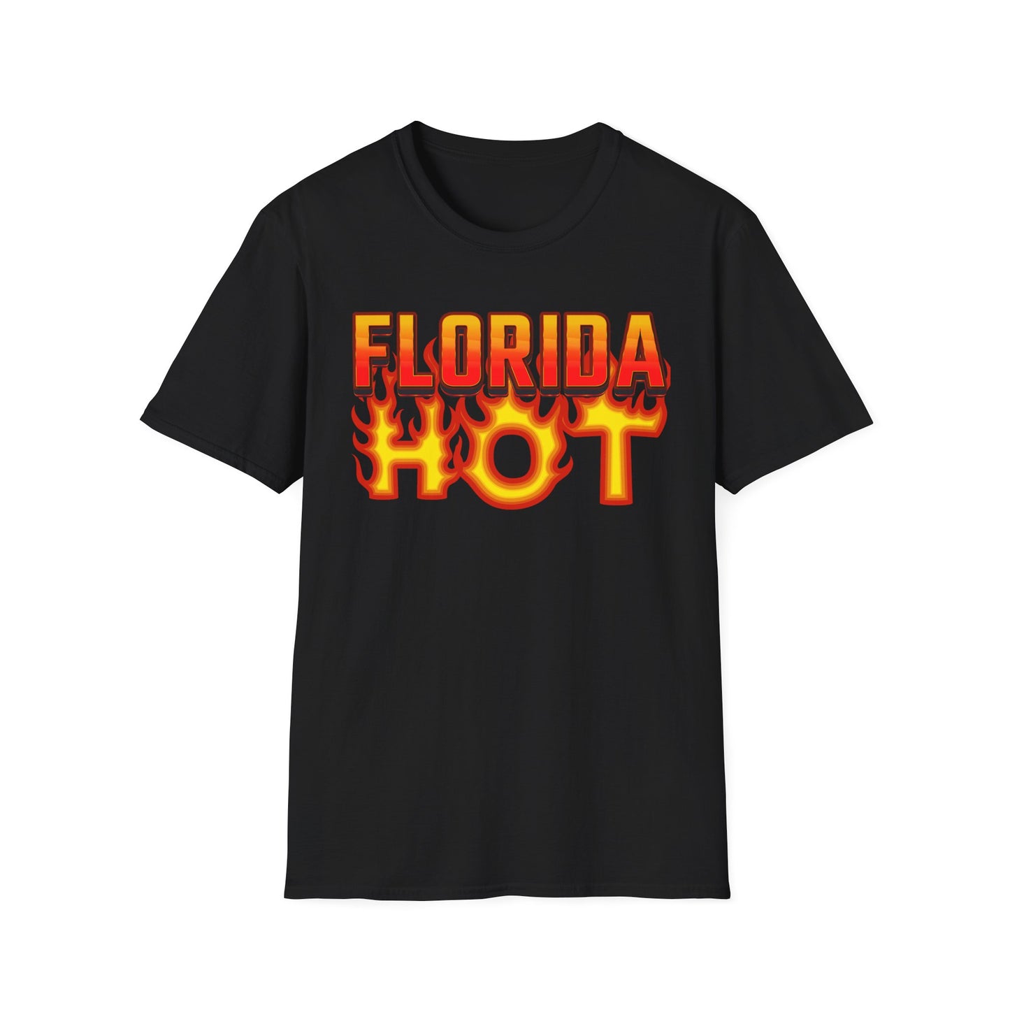 Black t-shirt with 'Florida Hot' graphic design on a white background