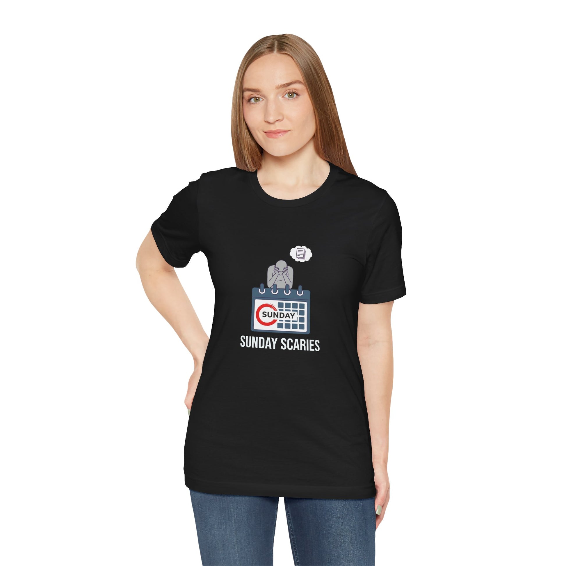 Person wearing a black t-shirt with 'Sunday Scaries' design on a white background