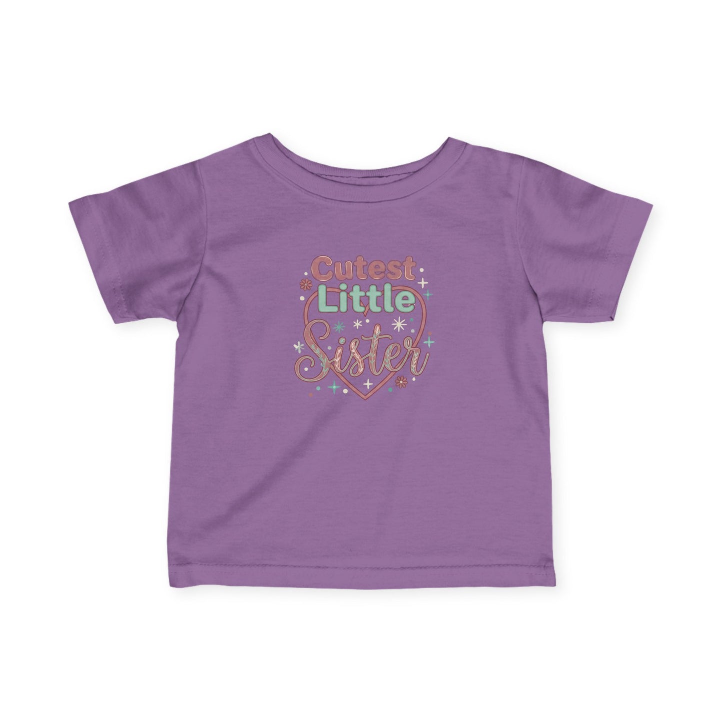 Purple t-shirt with 'Cutest Little Sister' text on a white background