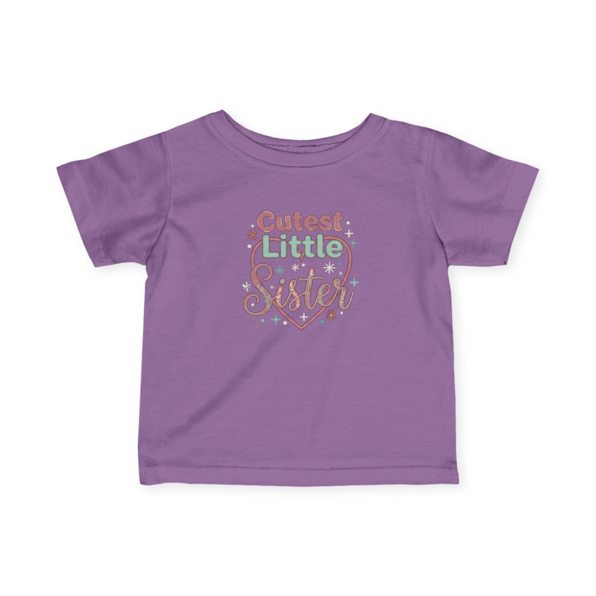 Purple t-shirt with 'Cutest Little Sister' text on a white background