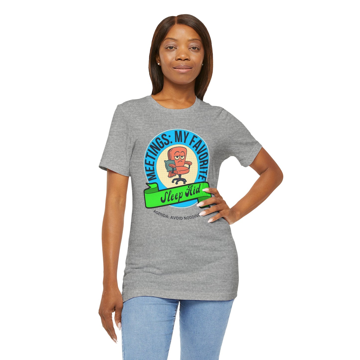 Woman wearing a gray t-shirt with a colorful graphic design on a white background