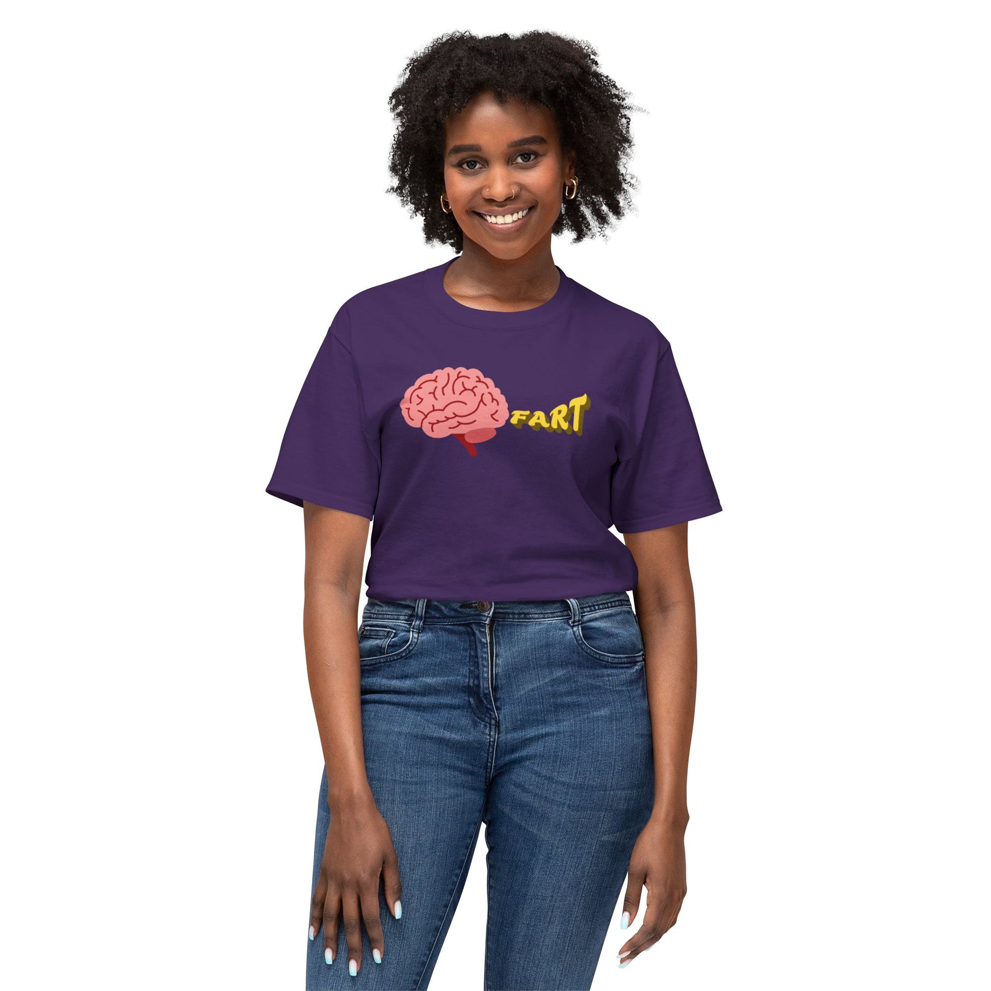 Person wearing a purple t-shirt with a brain and 'FART' graphic on a white background