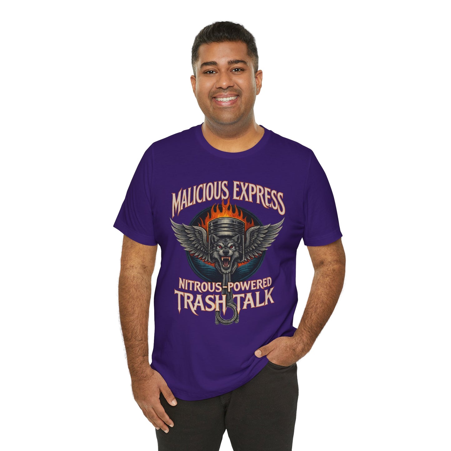 Man wearing a purple t-shirt with graphic design and 'Malicious Express Nitrous-Powered Trash Talk' text on a white background