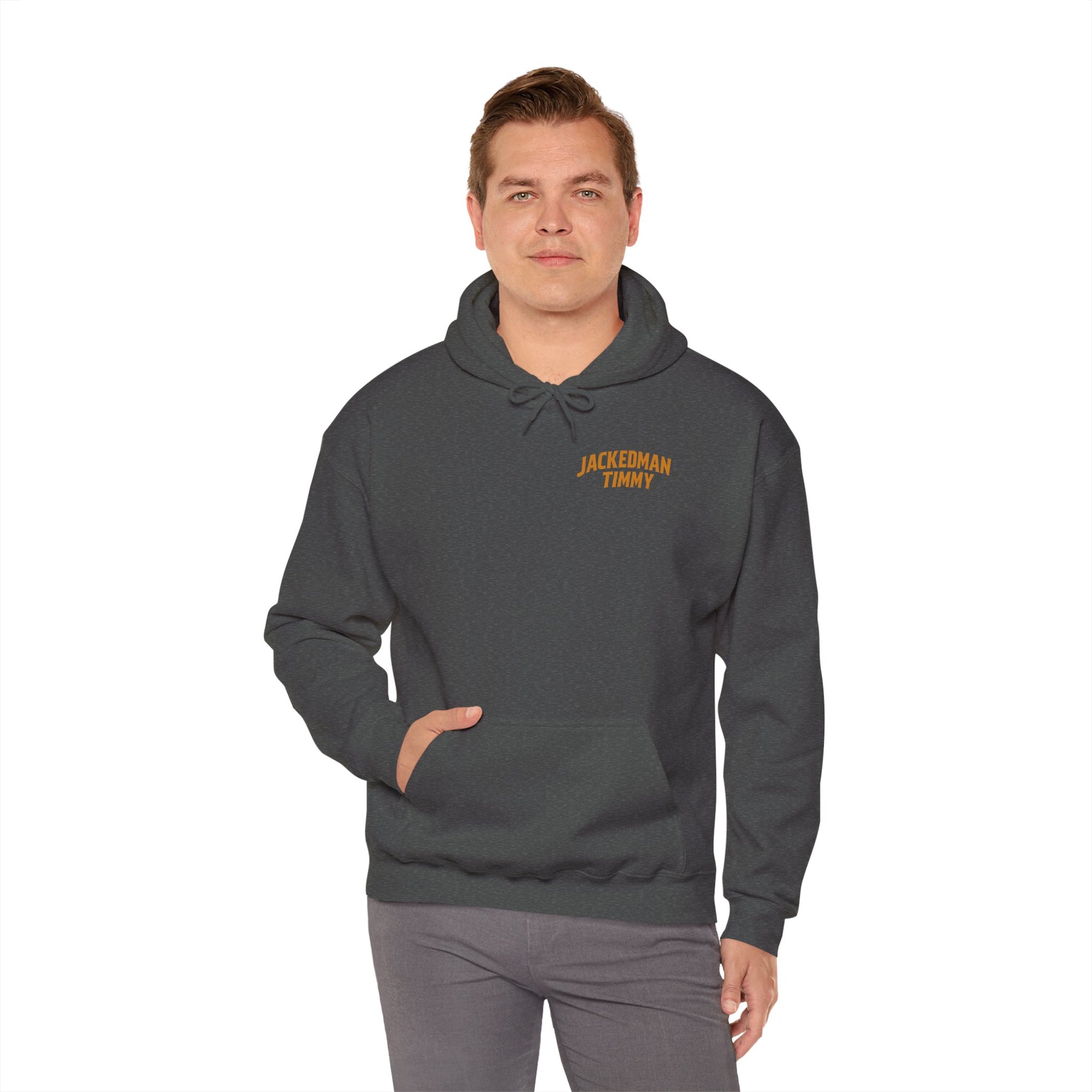 Man wearing a gray hoodie with text 'JACKEDMAN TIMMY' on a white background
