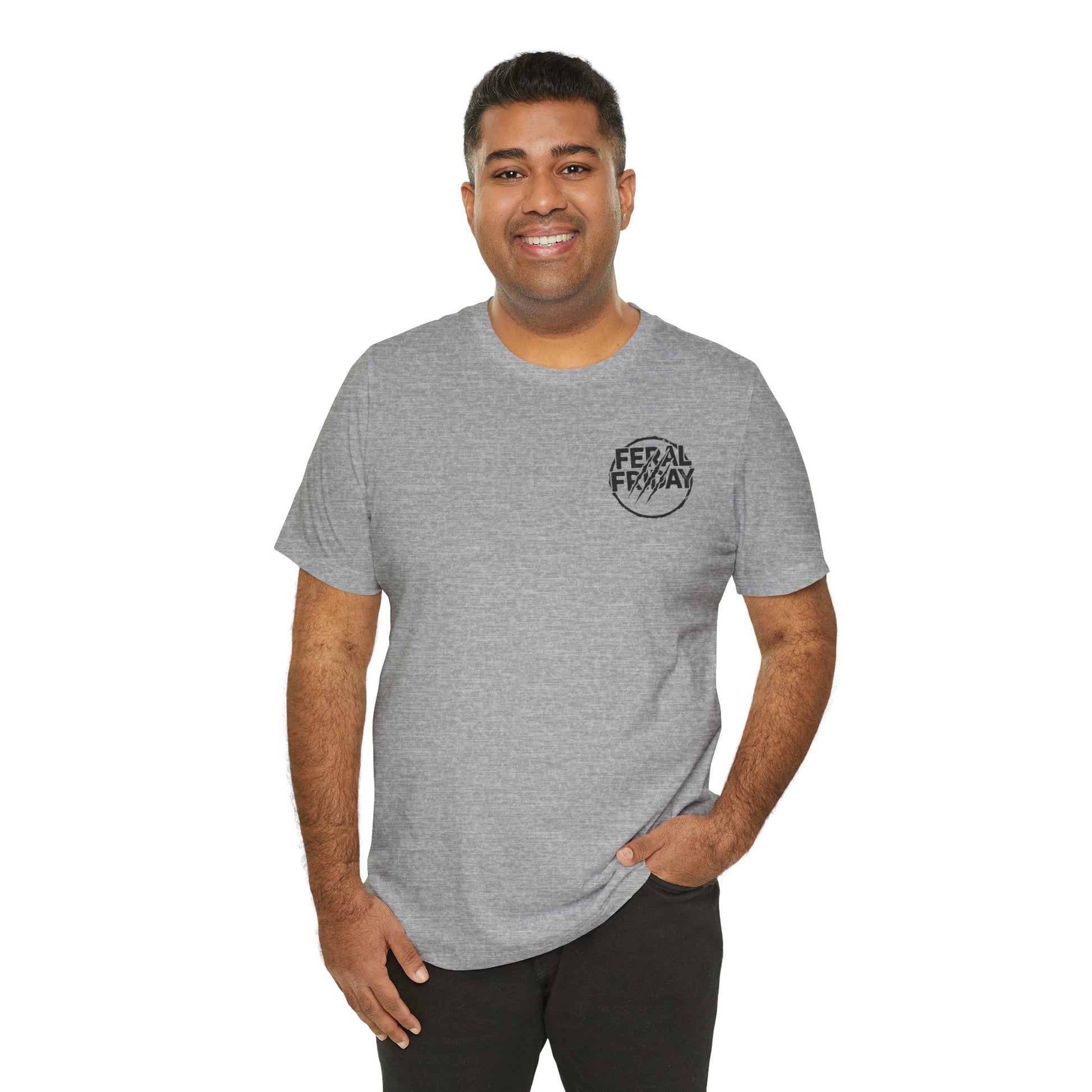 Man wearing a gray t-shirt with a 'Feral Friday' logo on a white background
