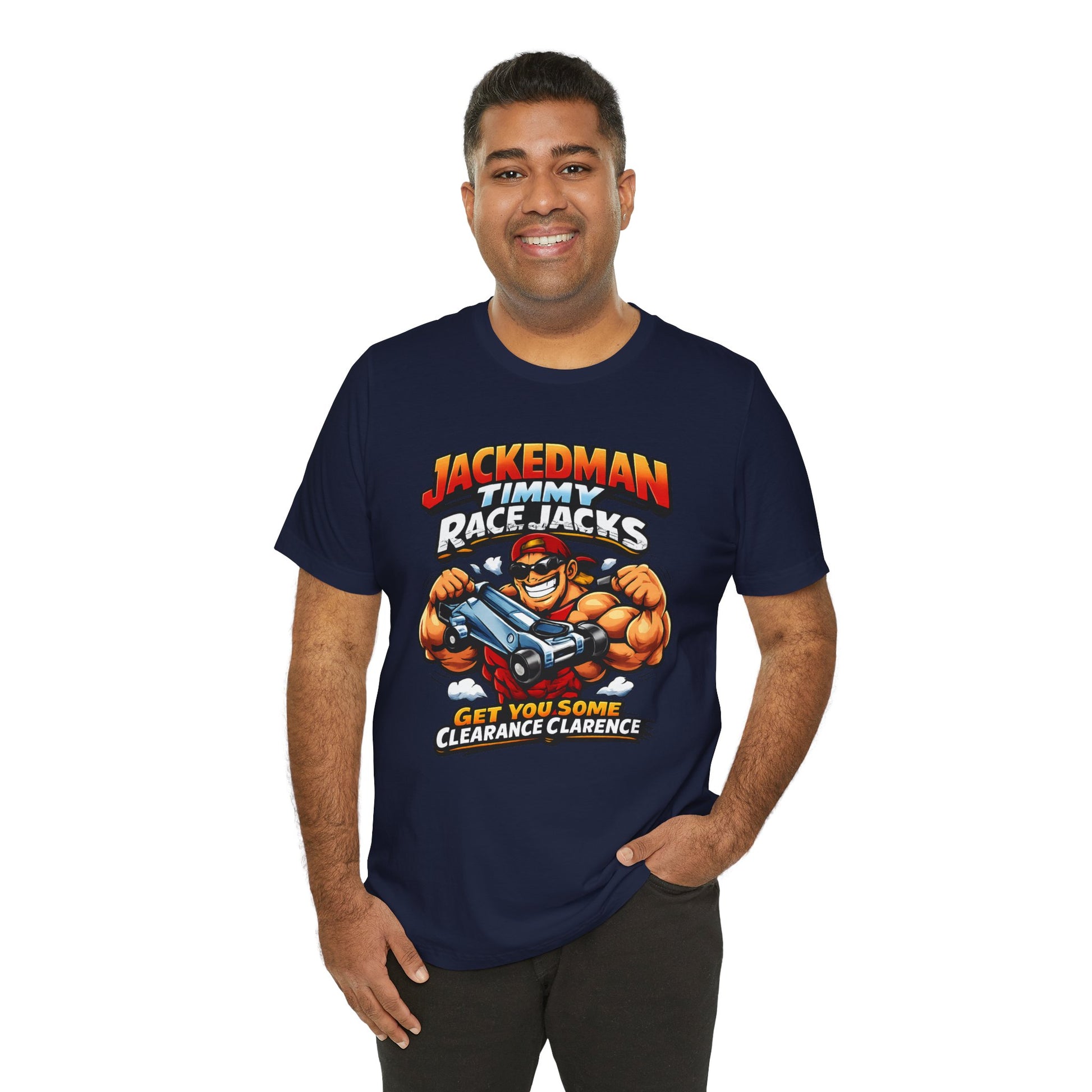 Man wearing a navy blue t-shirt with a graphic design and 'Jackedman Timmy Race Jacks Get You Some Clearance Clarence' text on a white background