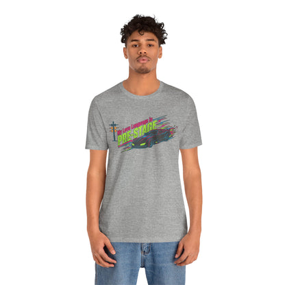 Person wearing a gray t-shirt with colorful graphic design and text 'My Love Language is Pre-Stage' on a white background