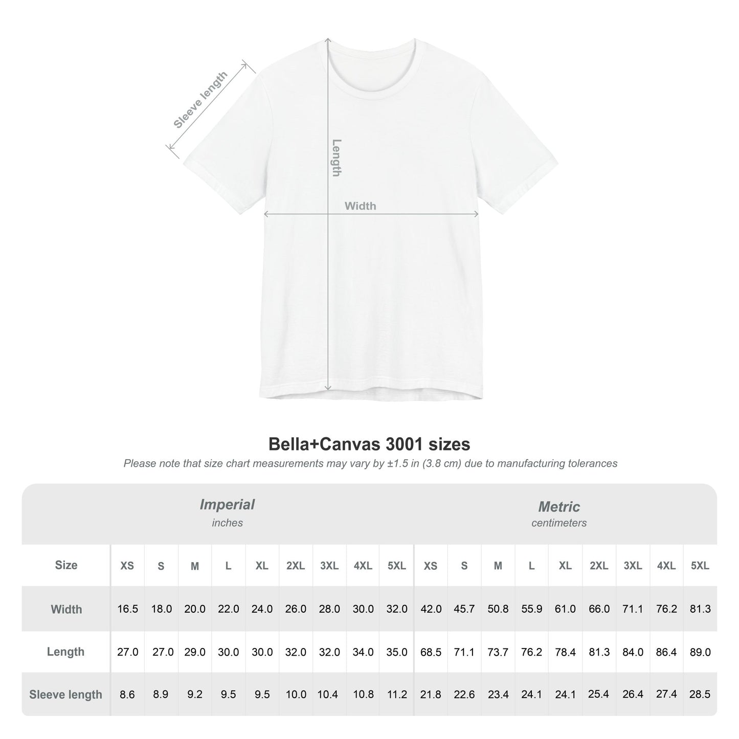 White t-shirt with measurement chart for Bella+Canvas 3001 sizes on a white background
