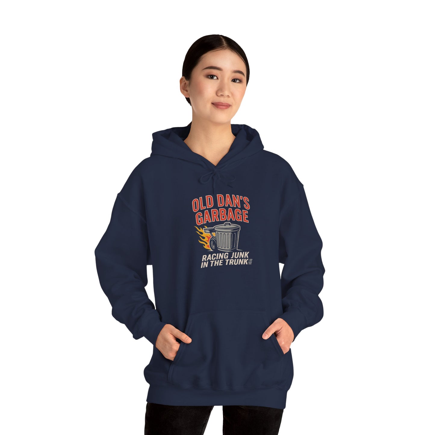 Person wearing a navy blue Gildan 18500 hoodie with a Old Dan's Garbage Racing Junk In The Trunk  graphic design on a white background
