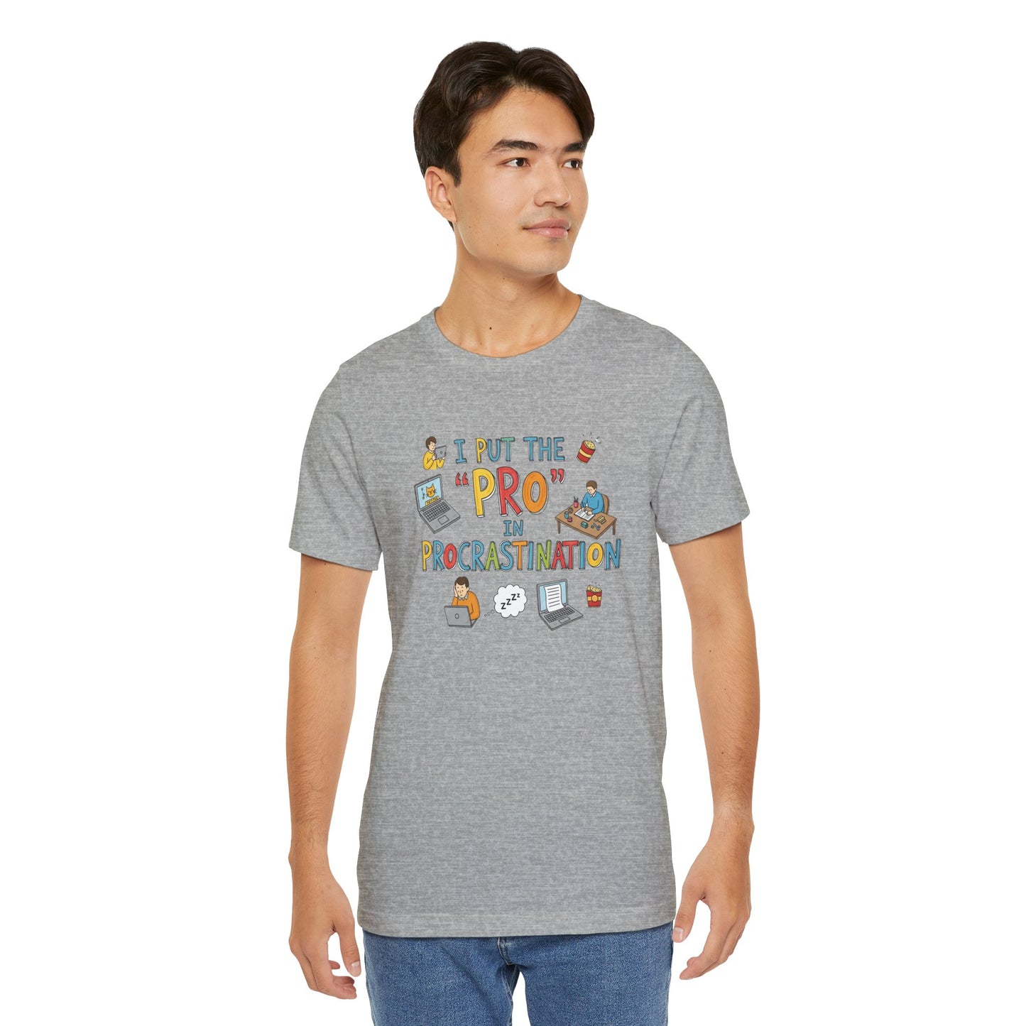 Athletic Heather Bella+Canvas 3001 unisex t-shirt featuring playful cartoon illustrations and bold typography that says “I Put the ‘Pro’ in Procrastination” – humorous graphic tee for work-from-home and college life.