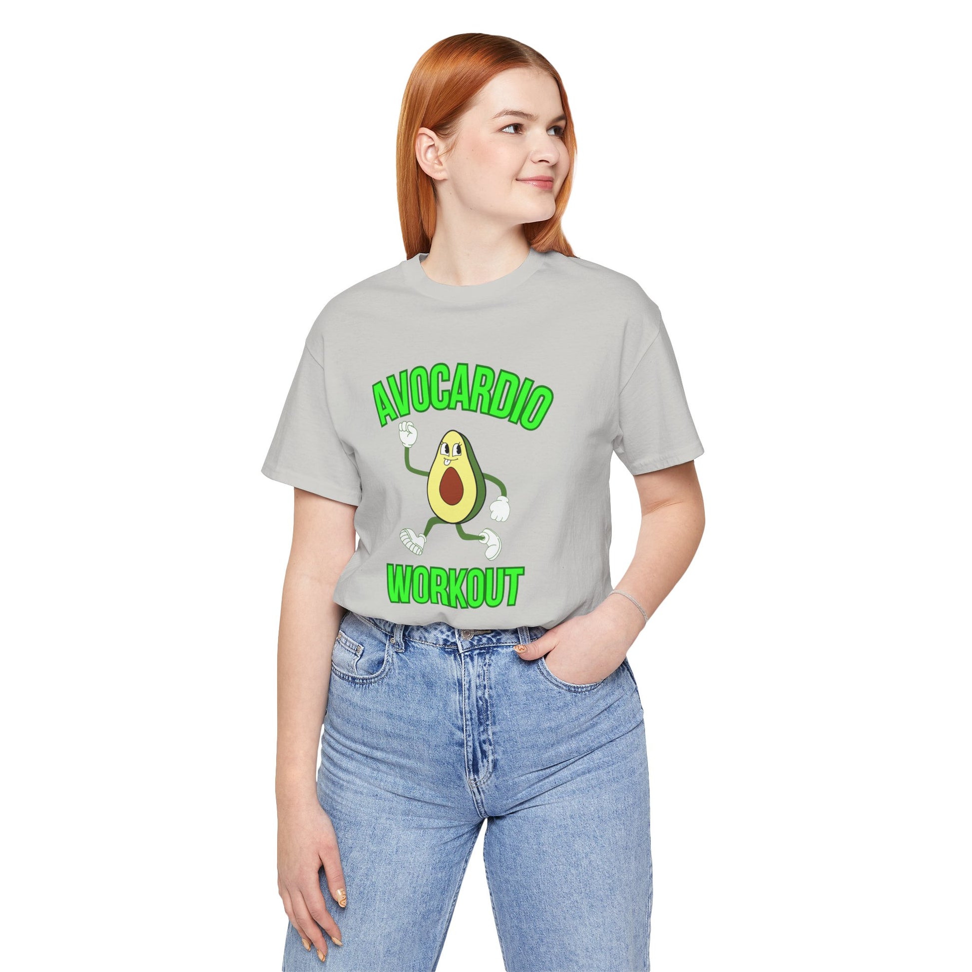 Person wearing a gray t-shirt with an avocado graphic and text 'Avocardio workout' on a white background