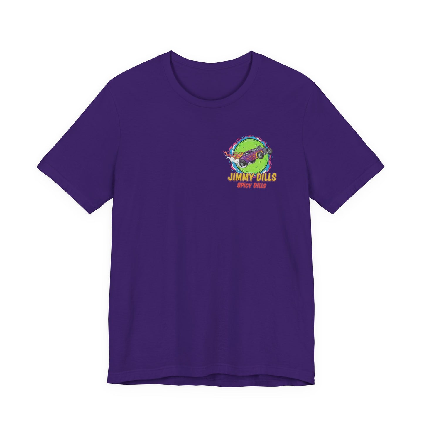 Purple t-shirt with a colorful graphic and 'Jimmy Dills Spicy Dills' text on a white background