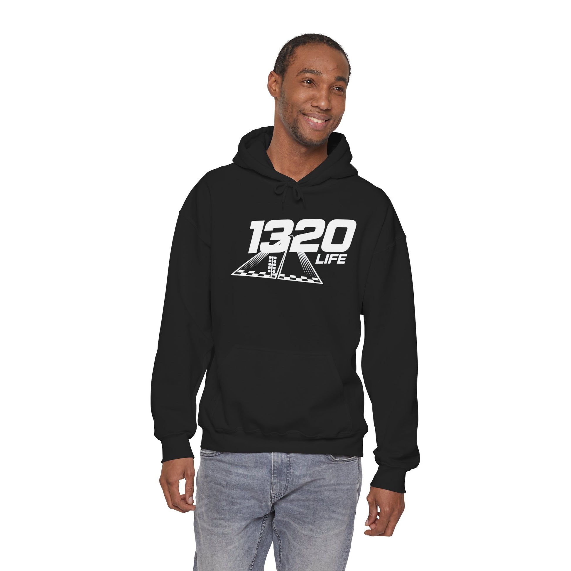Man wearing a black hoodie with '1320 LIFE' logo on a white background