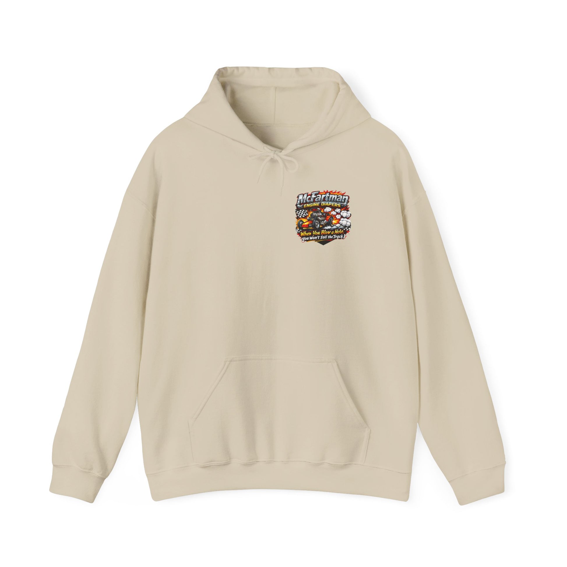Beige Gildan 18500 hoodie with a colorful 'McFartman Engine Diapers' logo graphic on the chest against a white background