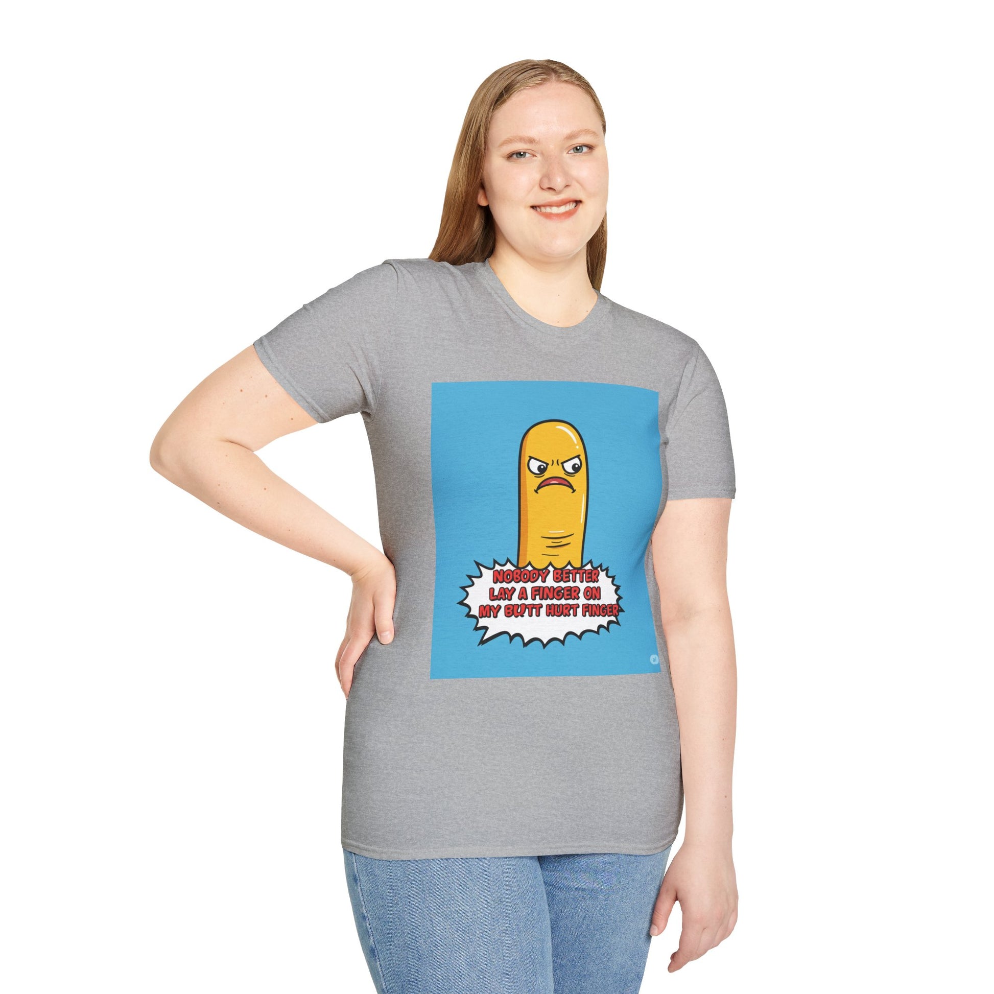 Person wearing a gray t-shirt with a cartoon character graphic and text 'Nobody better lay a finger on my butt hurt finger' on a white background