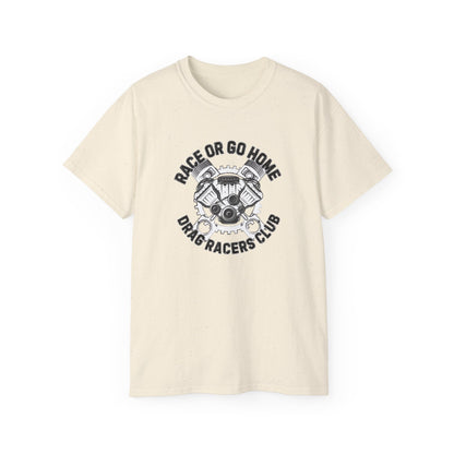 Beige t-shirt with black graphic and text 'RACE OR GO HOME DRAG RACERS CLUB' on a white background
