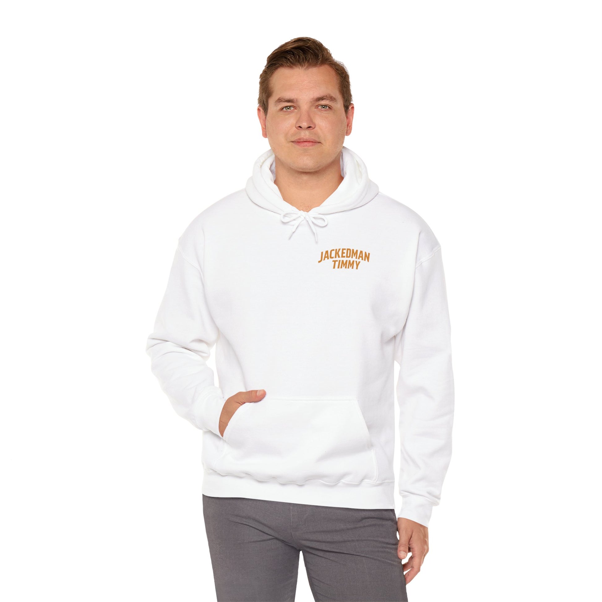 Man wearing a white hoodie with 'Jackedman Timmy' text on a white background