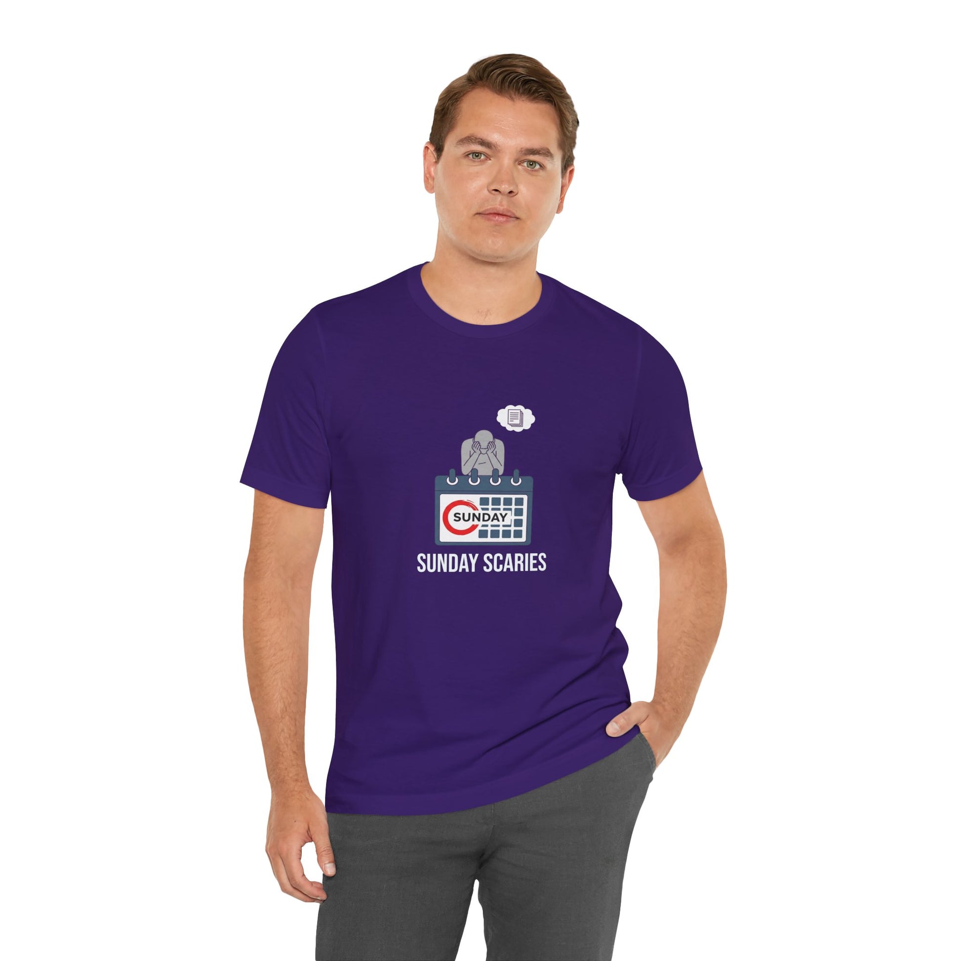 Man wearing a purple t-shirt with 'Sunday Scaries' graphic on a white background