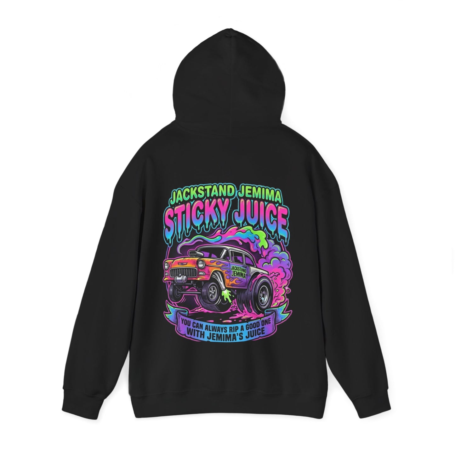 Black hoodie with colorful graphic design on the back featuring a car and  'Jackstand Jemima Sticky Juice You Can Always Rip A Good One With Jemima's Juice' text.