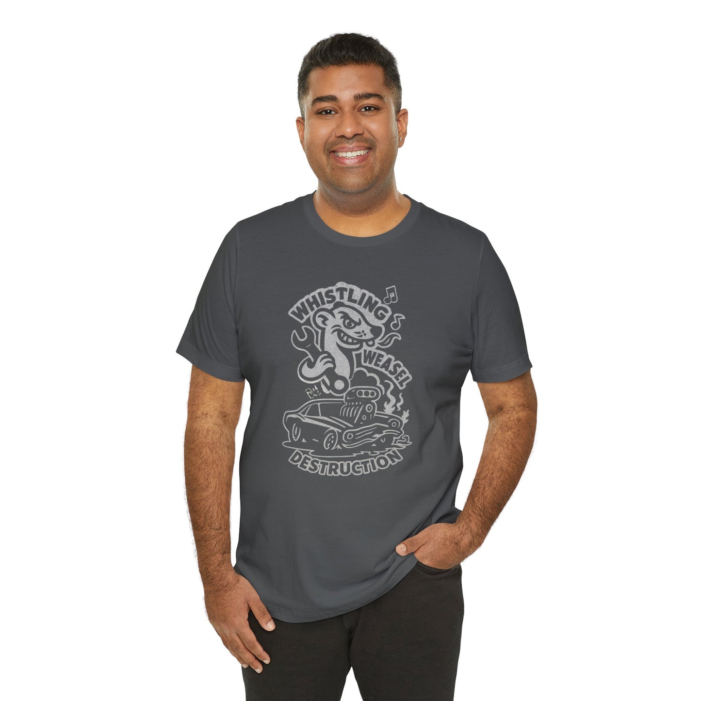 Man wearing a cartoon weasel holding a wrench behind a flame-spitting muscle car with “Whistling Weasel Destruction” text—funny asphalt drag racing t-shirt for motorsport fans.